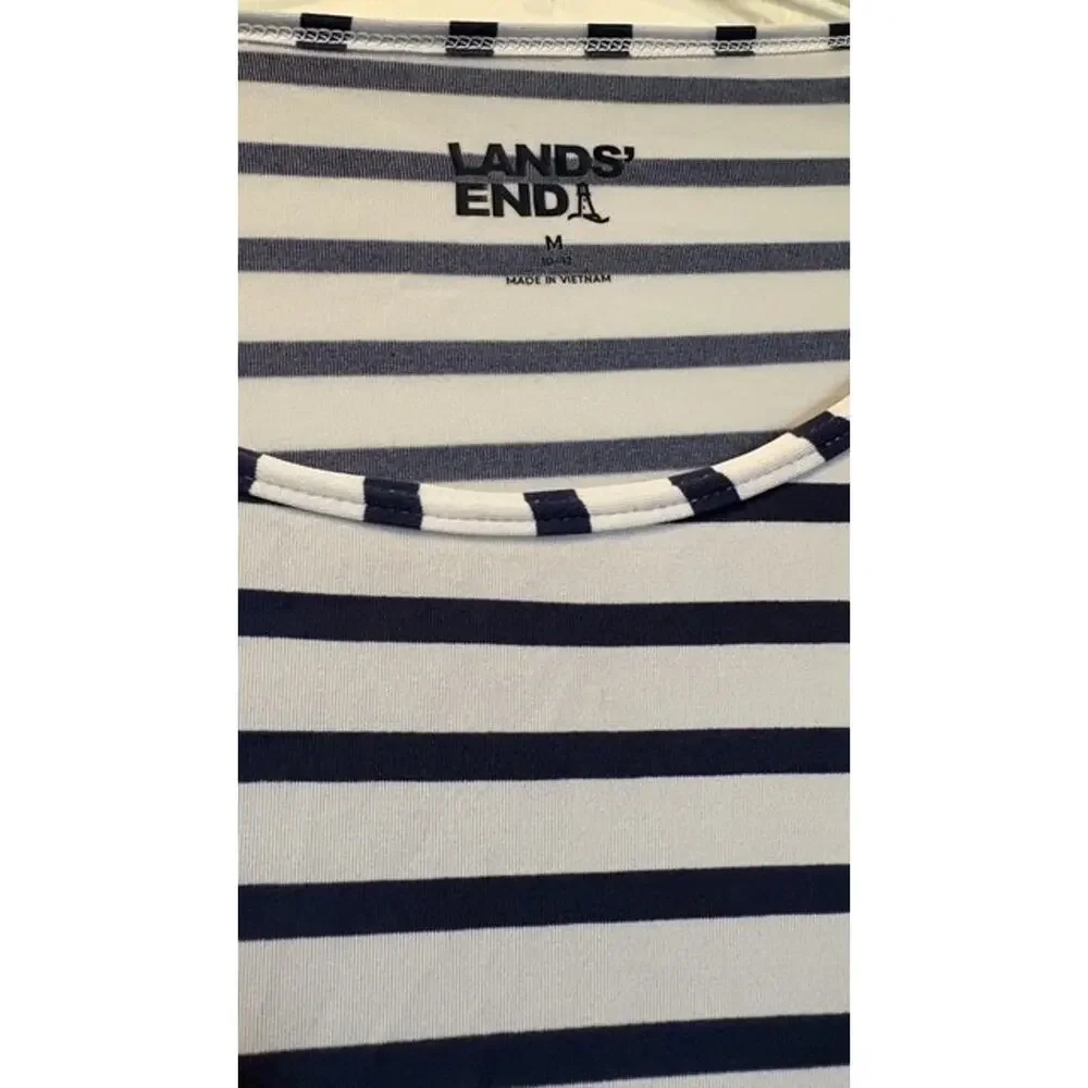 Lands End Rash Guard Shirt Womens Medium 10-12 Navy Striped Swim Top Elbow